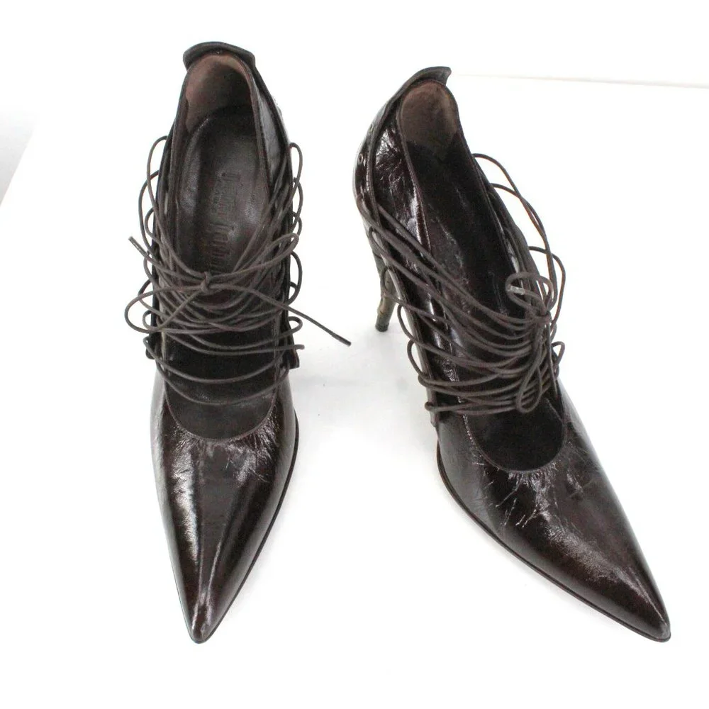 Gianni Barbato Patent Leather Lace Up Pointed Pumps Sculptural Heel Brown 7.5 - Picture 2 of 16